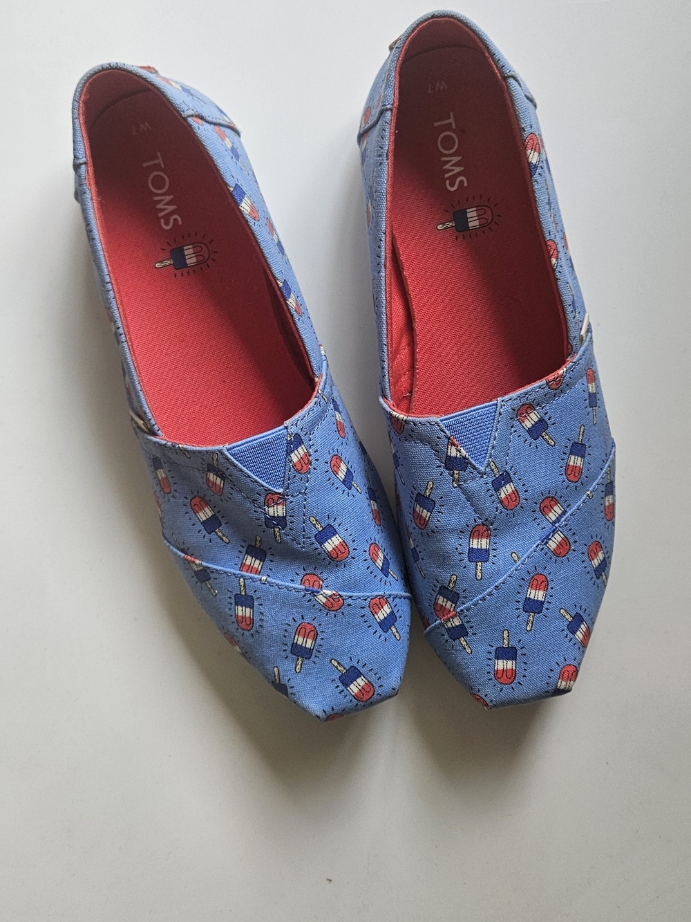 Toms Womens Blue Popsicle-Print Slip-Ons with Red Insole